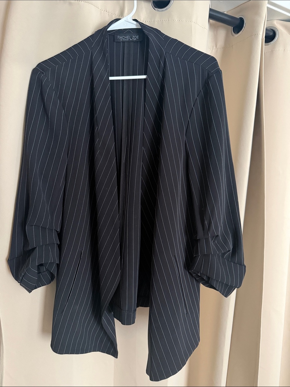 Rachel Zoe Black Pinstripe Draped Open Blazer